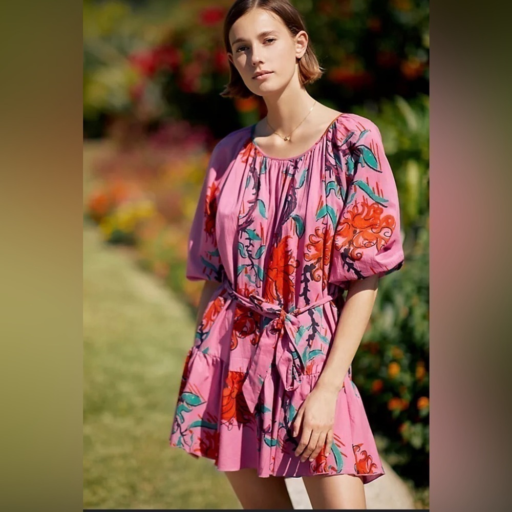 Ro’s Garden Vera Pink Floral Puff Sleeve Mini Dress Tie Waist Ruffle Hem Size M - Picture 14 of 16